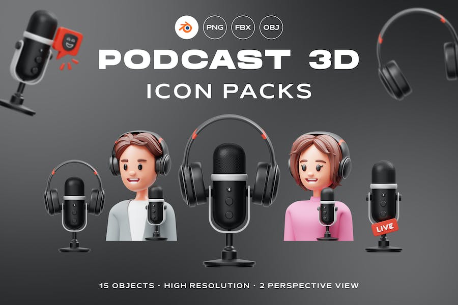 15款高级新闻主持直播话筒耳机3D插图图标Icons设计素材 Podcast 3D Icon_img_3