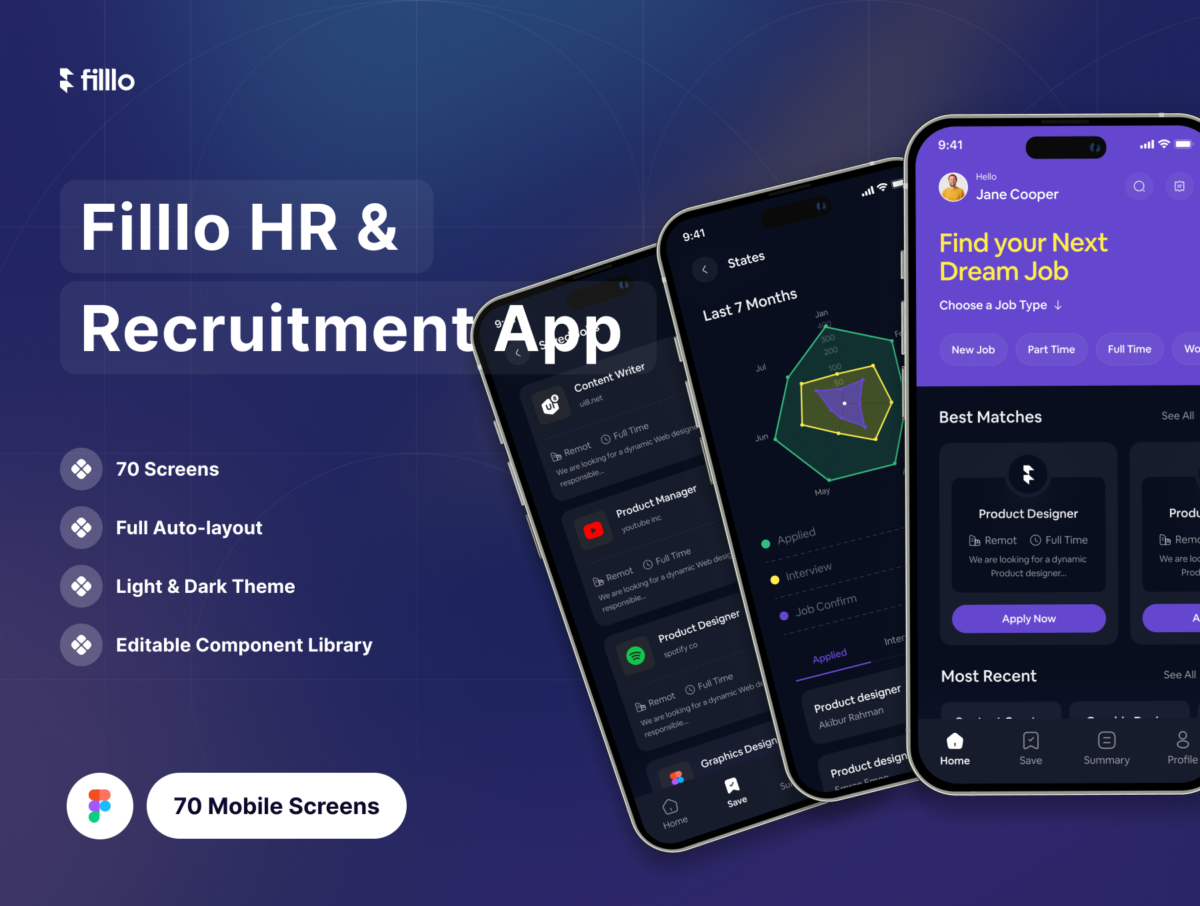 70屏热力资源HR招聘应聘APP应用程序界面设计UI套件素材 HR & Recruitment App UI Kit_img_3