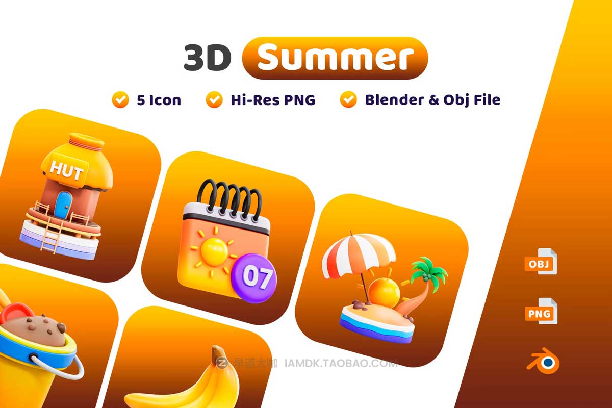 20款卡通有趣夏季度假元素3D手绘插图图标Icons设计素材包 Summer 3D Illustration Pack_img_2