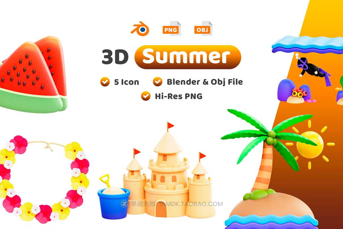 20款卡通有趣夏季度假元素3D手绘插图图标Icons设计素材包 Summer 3D Illustration Pack_img_2