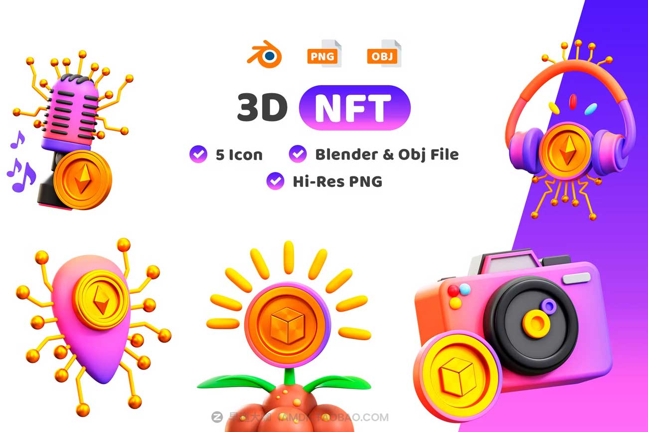 20款卡通NFT虚拟货币游戏3D插画图标Icons设计素材合集 NFT 3D Illustration Pack_img_2