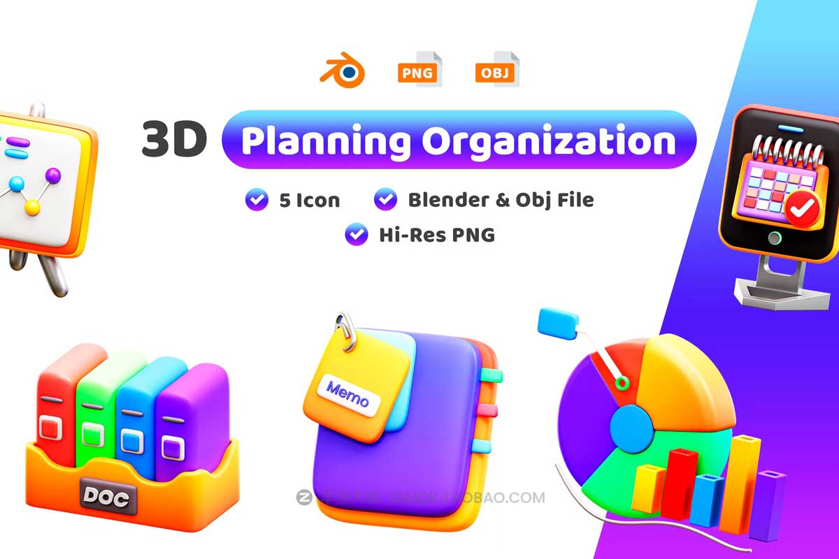 20款3D卡通商业管理日程行程规划插图图标Icons设计素材包 Planning Organization 3D Illustration Pack_img_2