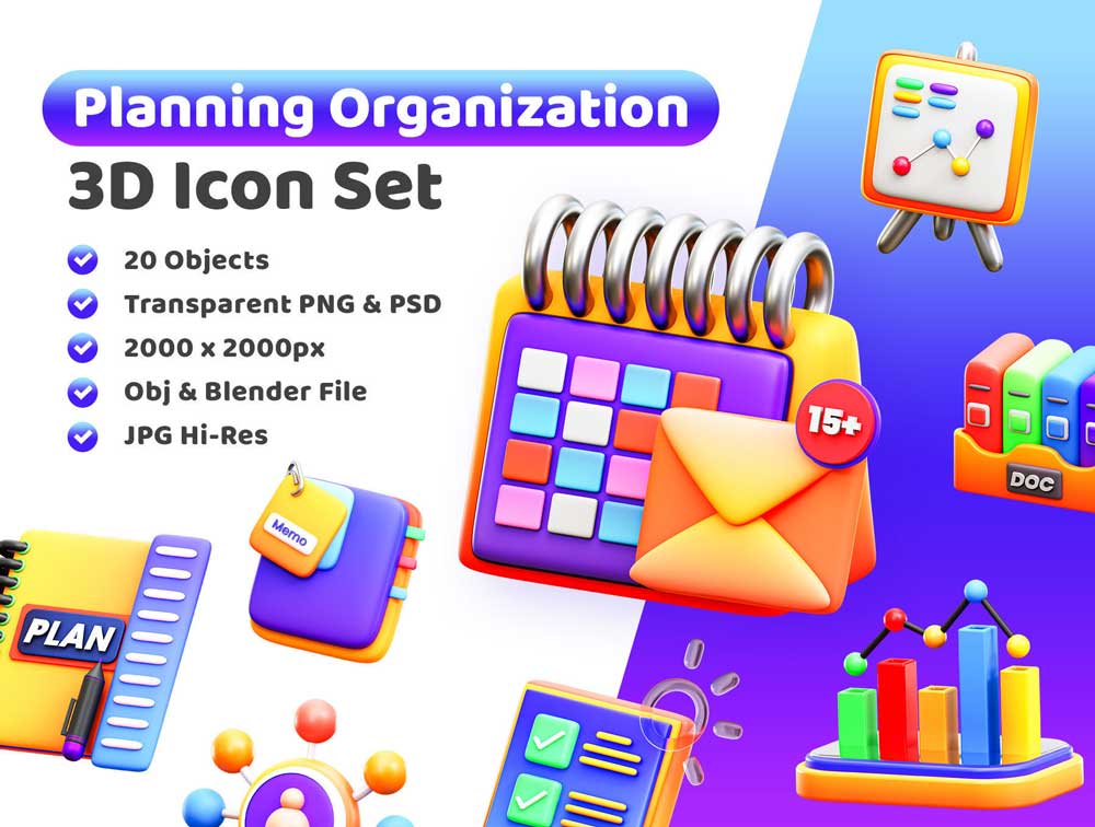 20款3D卡通商业管理日程行程规划插图图标Icons设计素材包 Planning Organization 3D Illustration Pack_img_2