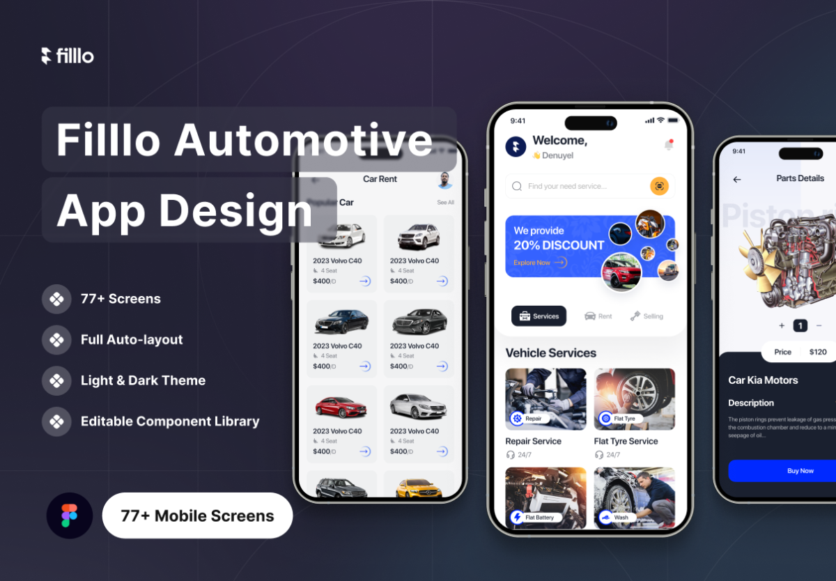 77+汽车维修租赁销售共享租车APP界面设计UI套件素材 Filllo Automotive App UI Kit_img_3