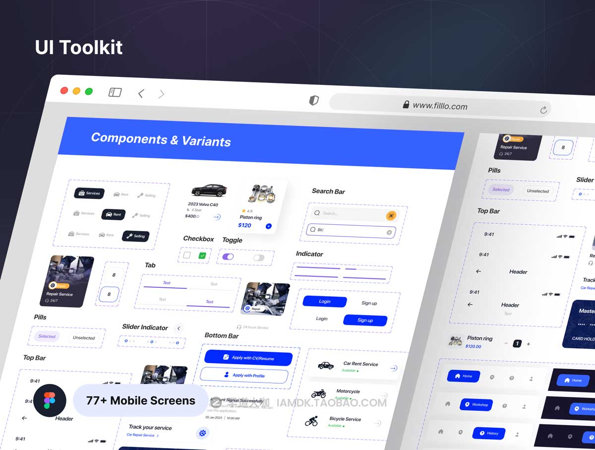 77+汽车维修租赁销售共享租车APP界面设计UI套件素材 Filllo Automotive App UI Kit_img_2