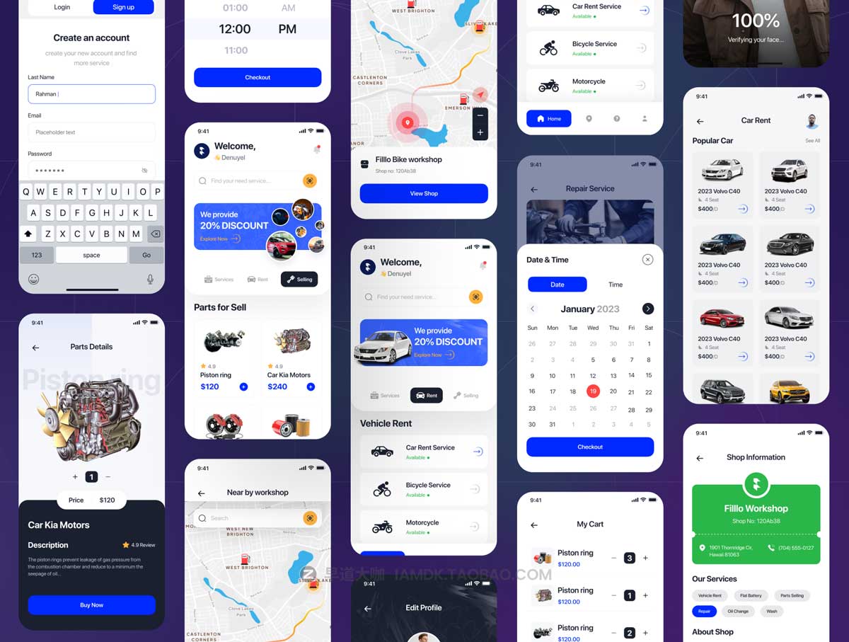 77+汽车维修租赁销售共享租车APP界面设计UI套件素材 Filllo Automotive App UI Kit_img_2