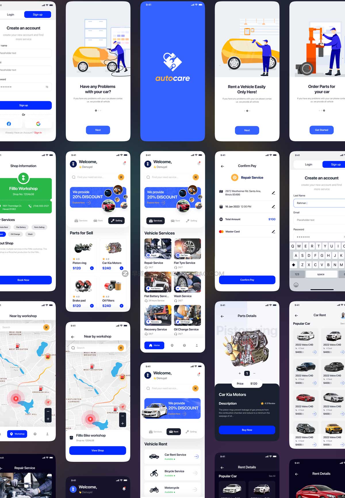 77+汽车维修租赁销售共享租车APP界面设计UI套件素材 Filllo Automotive App UI Kit_img_2