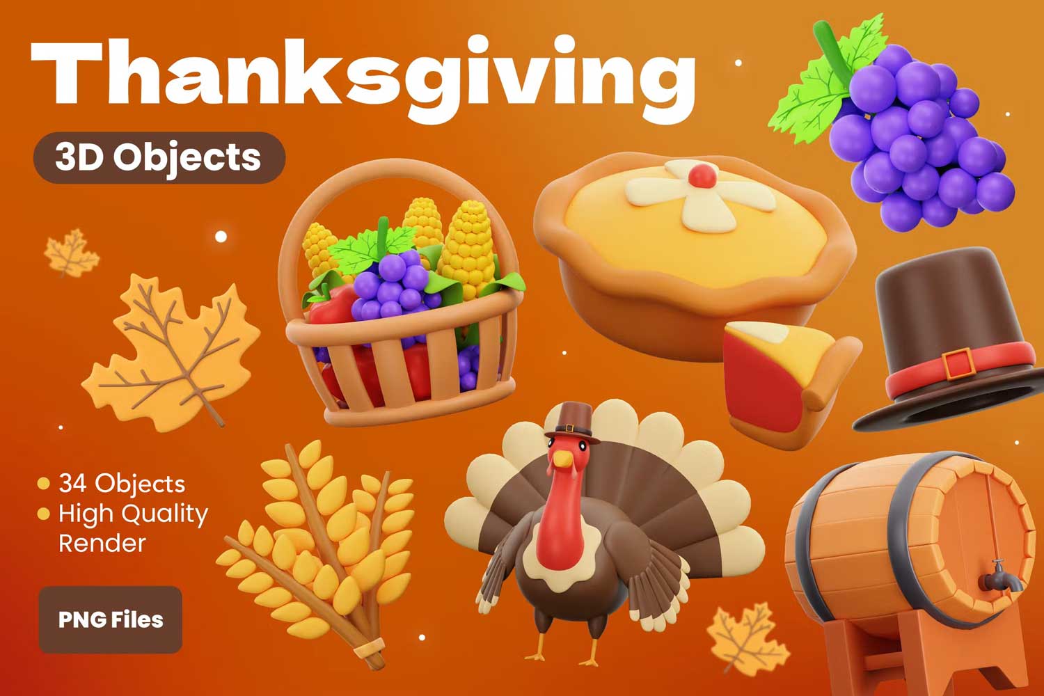 34款卡通趣味感恩节食物葡萄酒3D插画图标Icons设计素材包 Thanksgiving Foods 3D illustration_img_2