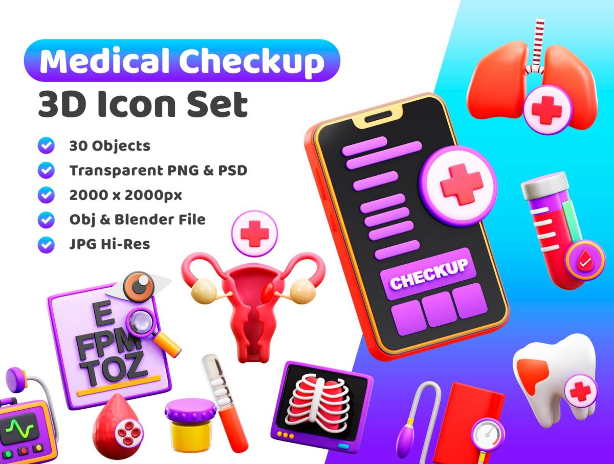 30款卡通医疗医院检查体验检测3D插画图标Icons设计素材 Medical Checkup 3D Illustration Pack_img_3