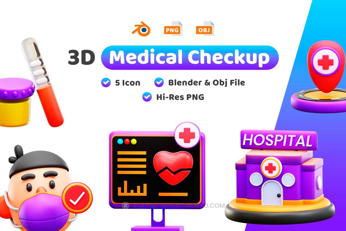 30款卡通医疗医院检查体验检测3D插画图标Icons设计素材 Medical Checkup 3D Illustration Pack_img_2