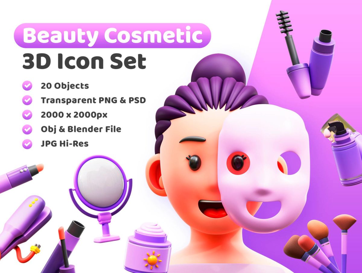 20款时尚化妆品美容护肤3D插画插图图标Icons设计素材 Cosmetics 3D Illustration Pack_img_3