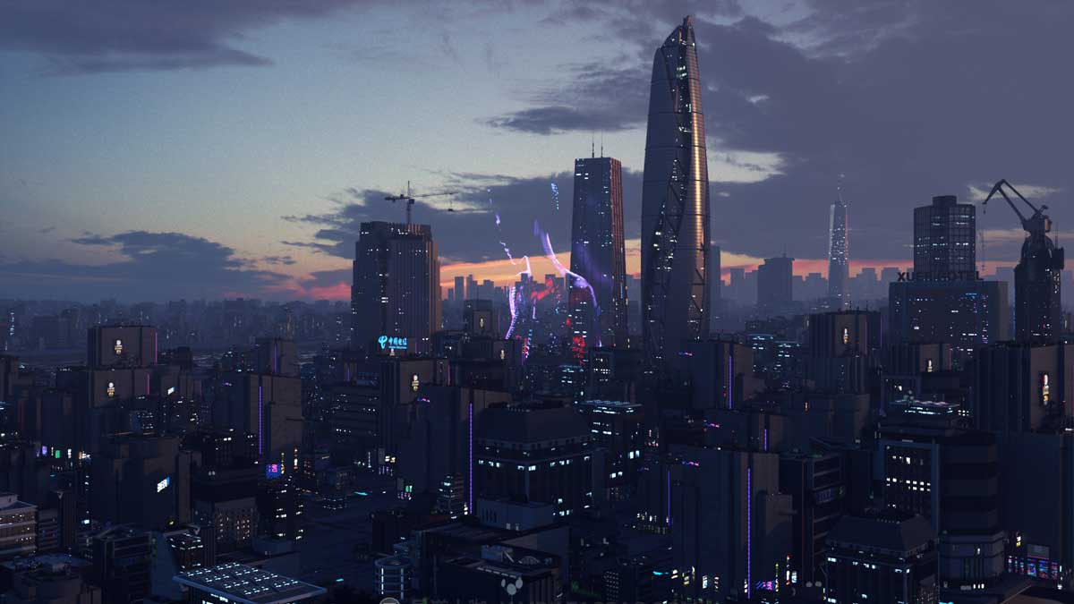 未来科幻夜店风城市建筑高楼大厦C4D模型设计素材 C4D Octane render Cyberpunk city CBD Ae sea river building 3D Model_img_2