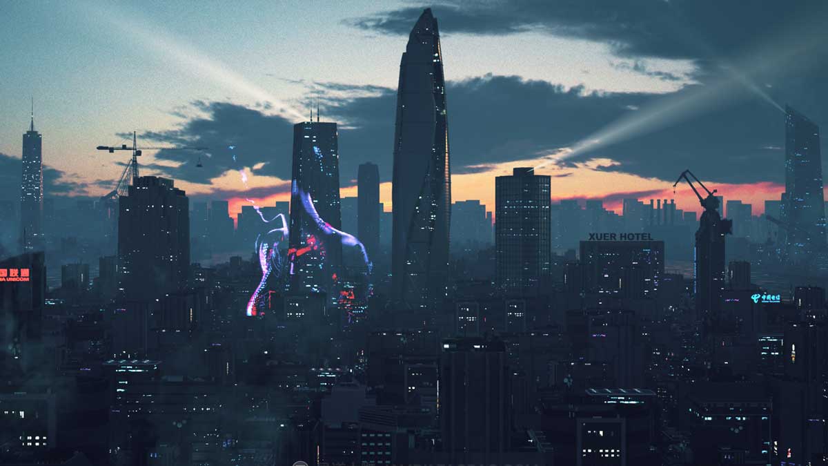 未来科幻夜店风城市建筑高楼大厦C4D模型设计素材 C4D Octane render Cyberpunk city CBD Ae sea river building 3D Model_img_2