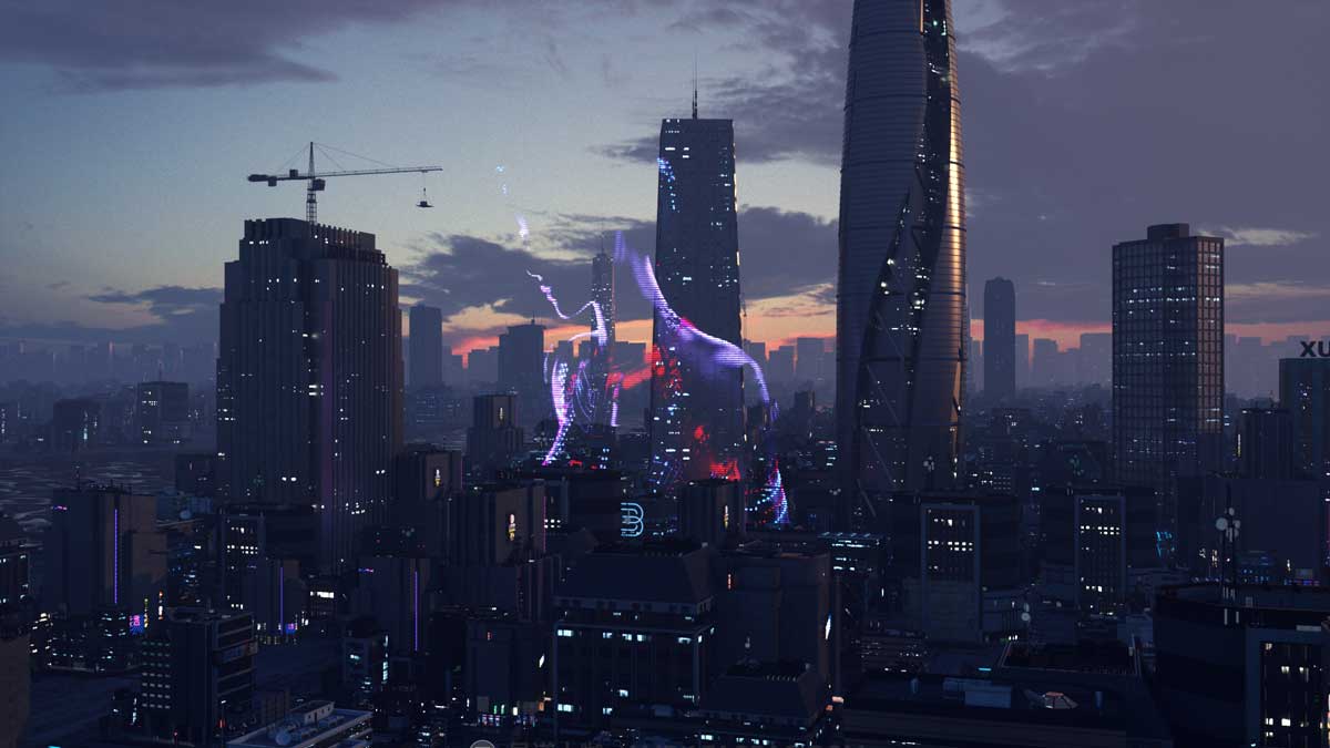 未来科幻夜店风城市建筑高楼大厦C4D模型设计素材 C4D Octane render Cyberpunk city CBD Ae sea river building 3D Model_img_2