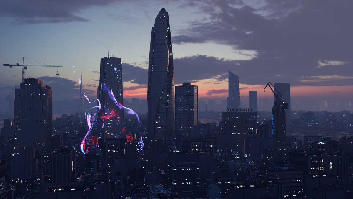 未来科幻夜店风城市建筑高楼大厦C4D模型设计素材 C4D Octane render Cyberpunk city CBD Ae sea river building 3D Model_img_2