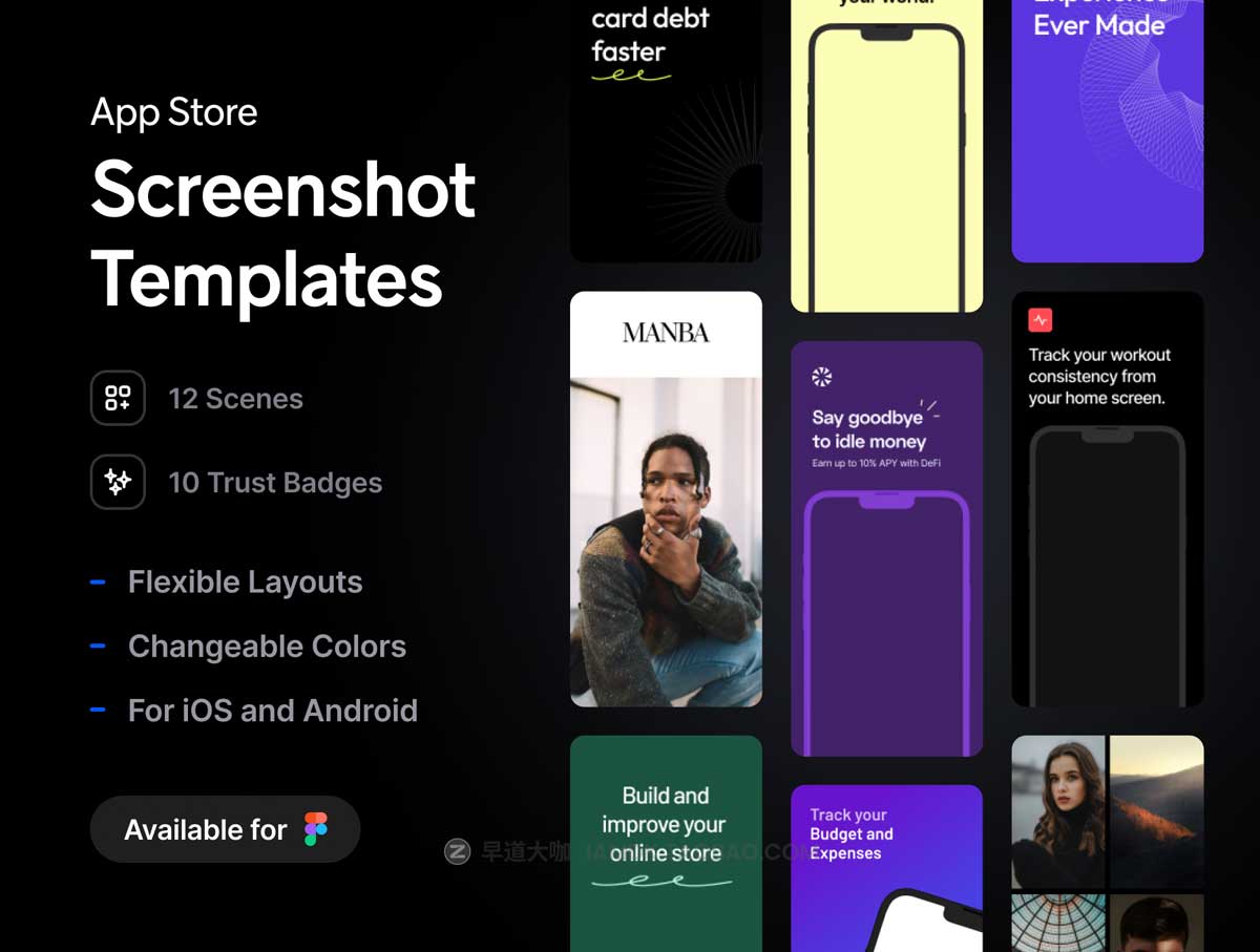 12种多种苹果Apple Store和Google Play Store市场截图UI界面展示Figma样机模板 App Store Screenshot Templates_img_2