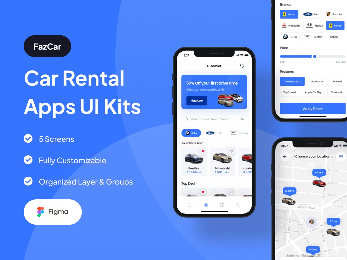 35屏现代简约汽车在线租赁共享汽车APP界面设计Figma模板素材 FazCar - Car Rental App UI Kit_img_2