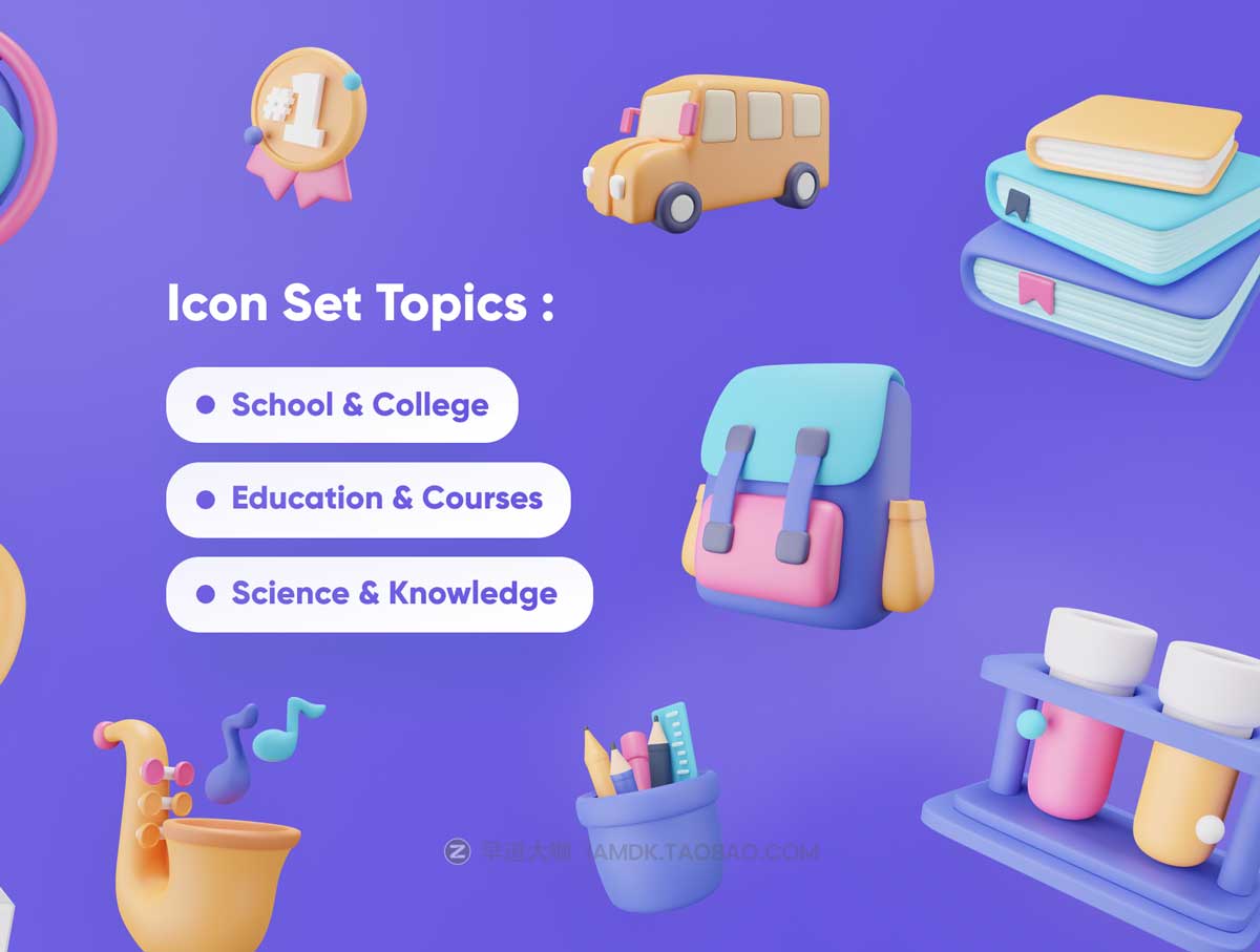 20款卡通有趣创意校园教育学习3D图标Icon设计素材 Educally - Education 3D Icon Set_img_2