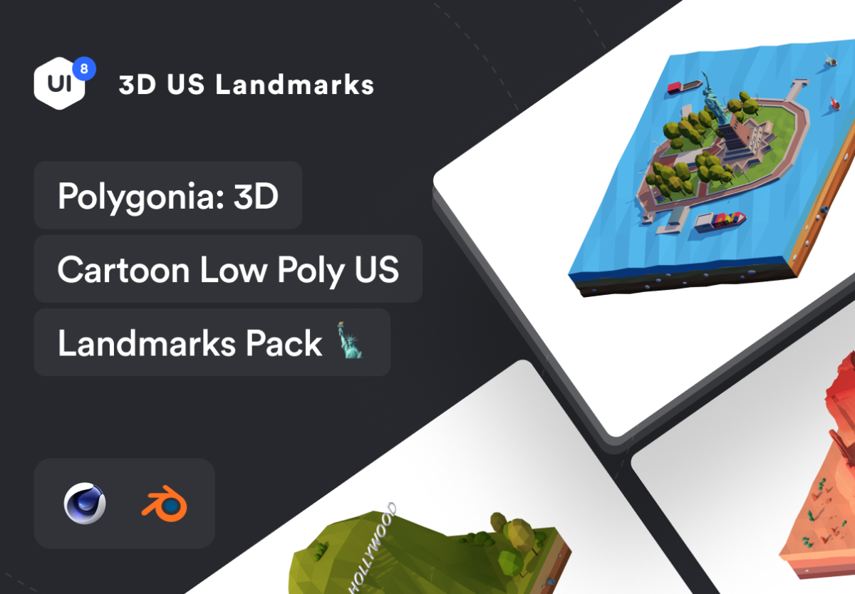 8款卡通美国建筑高楼地标3D模型设计素材包 Polygonia Low Poly US Landmarks Pack_img_3