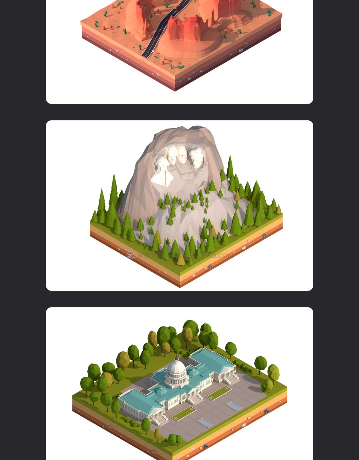 8款卡通美国建筑高楼地标3D模型设计素材包 Polygonia Low Poly US Landmarks Pack_img_2