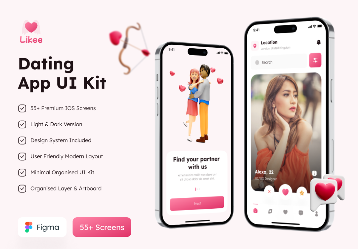 55+屏约会交友聊天社交APP界面设计Figma模板素材 Likee - Dating App UI Kit_img_3