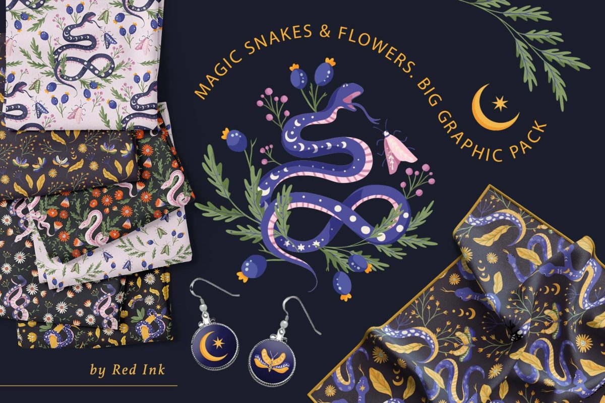 80+张神秘魔法眼镜蛇花卉手绘插画AI矢量设计素材 Snake Illustration & pattern bundle_img_3