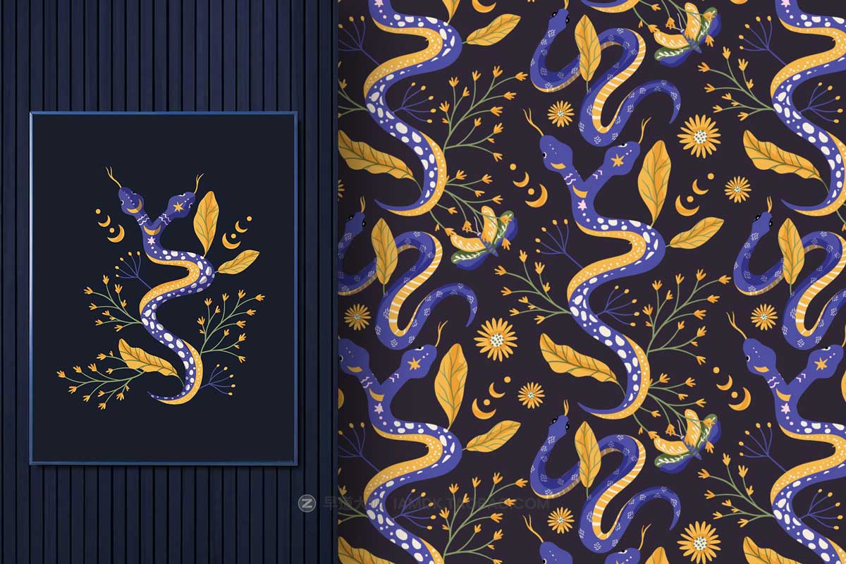 80+张神秘魔法眼镜蛇花卉手绘插画AI矢量设计素材 Snake Illustration & pattern bundle_img_2