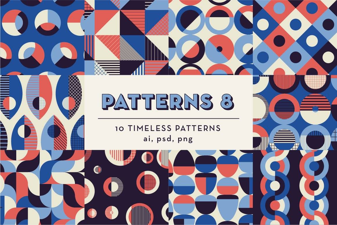 40款复古条纹抽象几何艺术无缝隙图案AI&PS设计素材包 PATTERNS 8: 10 Geometric Patterns_img_3