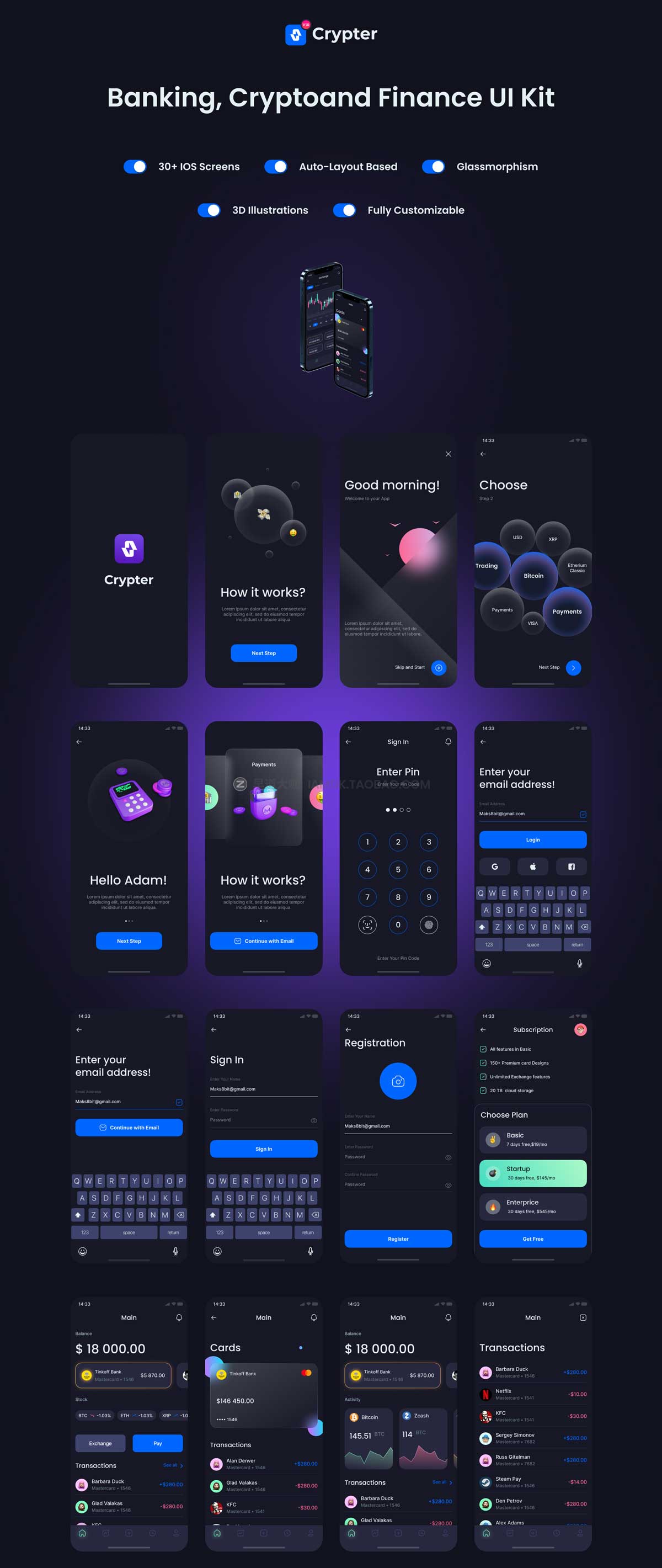 30+屏简洁银行财务加密货币在线交易APP界面设计Figma模板素材 Crypter UI Kit — Banking, Crypto, Trading_img_2