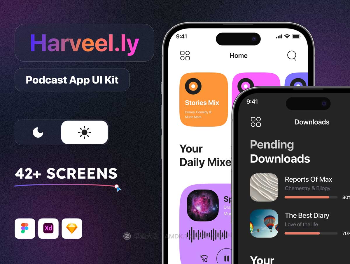 42+屏暗黑新闻音乐博客软件APP界面设计UI套件设计素材包 Harveel.ly | Podcast App UI Kit_img_2