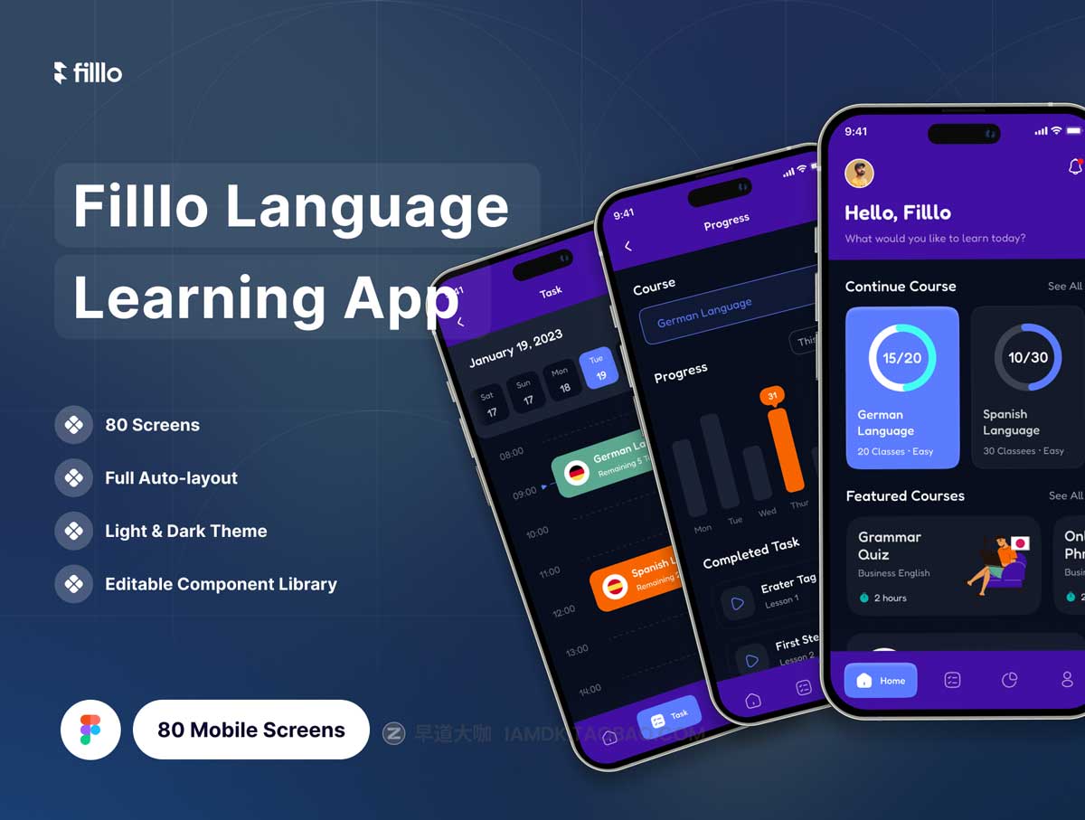 80屏在线语言学习教学课程APP应用程序界面设计Figma模板素材 Filllo Language Learning App UI Kit_img_2