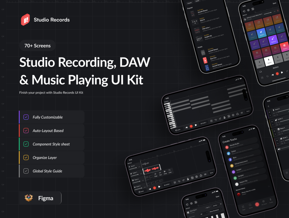 70+屏暗黑音乐播放器社交交友软件APP界面设计UI套件Figma模板素材 Studio Records DAW UI Kit_img_3