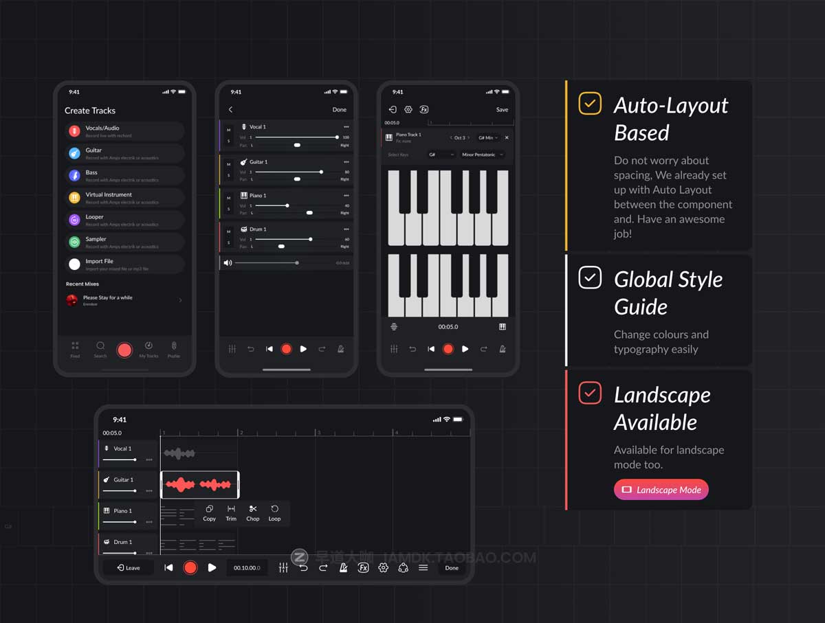 70+屏暗黑音乐播放器社交交友软件APP界面设计UI套件Figma模板素材 Studio Records DAW UI Kit_img_2