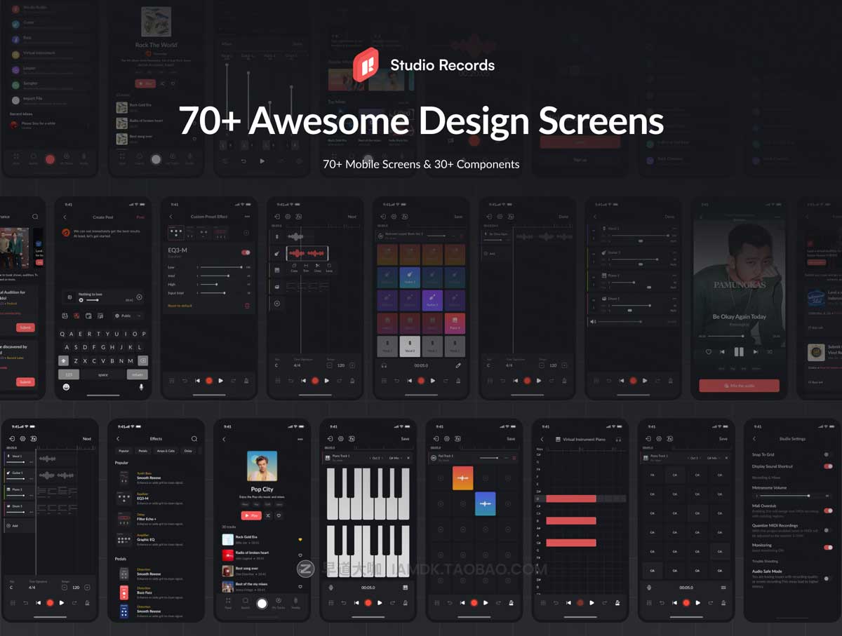 70+屏暗黑音乐播放器社交交友软件APP界面设计UI套件Figma模板素材 Studio Records DAW UI Kit_img_2