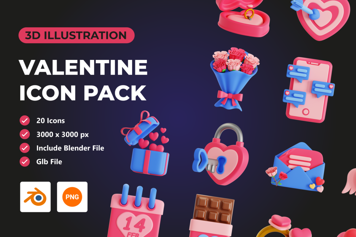 20款情人节七夕节礼物浪漫爱意表白爱心插图3D图标icon素材 Valentine 3D Icon Pack_img_3