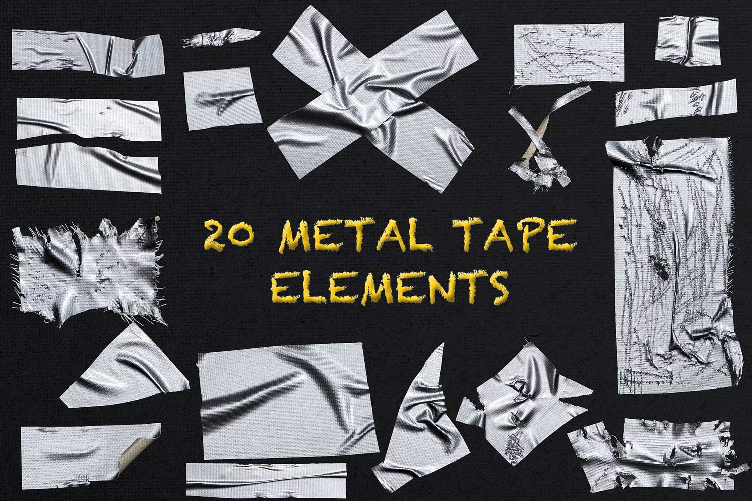 20款逼真褶皱金属胶带PNG免抠图背景图片设计素材 20 Realistic Metal Tape Isolated Object Overlays_img_2