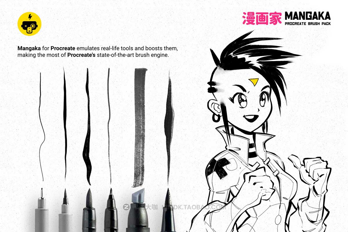 卡通黑白漫画水墨艺术插画iPad Procreate笔刷纹理设计素材套装 Mangaka Procreate Illustration Kit_img_2