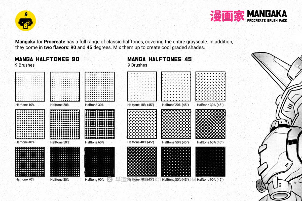 卡通黑白漫画水墨艺术插画iPad Procreate笔刷纹理设计素材套装 Mangaka Procreate Illustration Kit_img_2