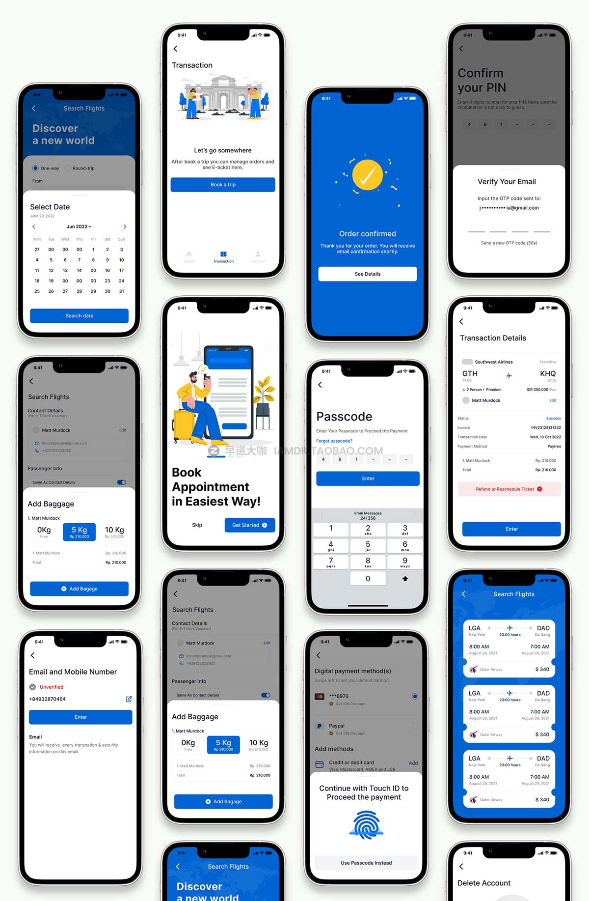 33+屏时尚航班飞机票预定在线购买APP界面设计UI套件FIGMA模板素材 Jet Flight Booking App UI Design Kit_img_2