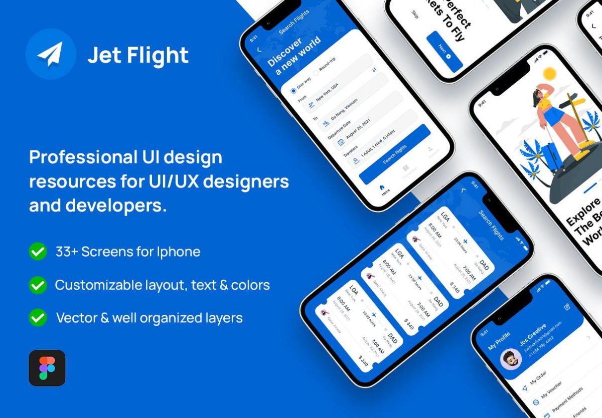 33+屏时尚航班飞机票预定在线购买APP界面设计UI套件FIGMA模板素材 Jet Flight Booking App UI Design Kit_img_3