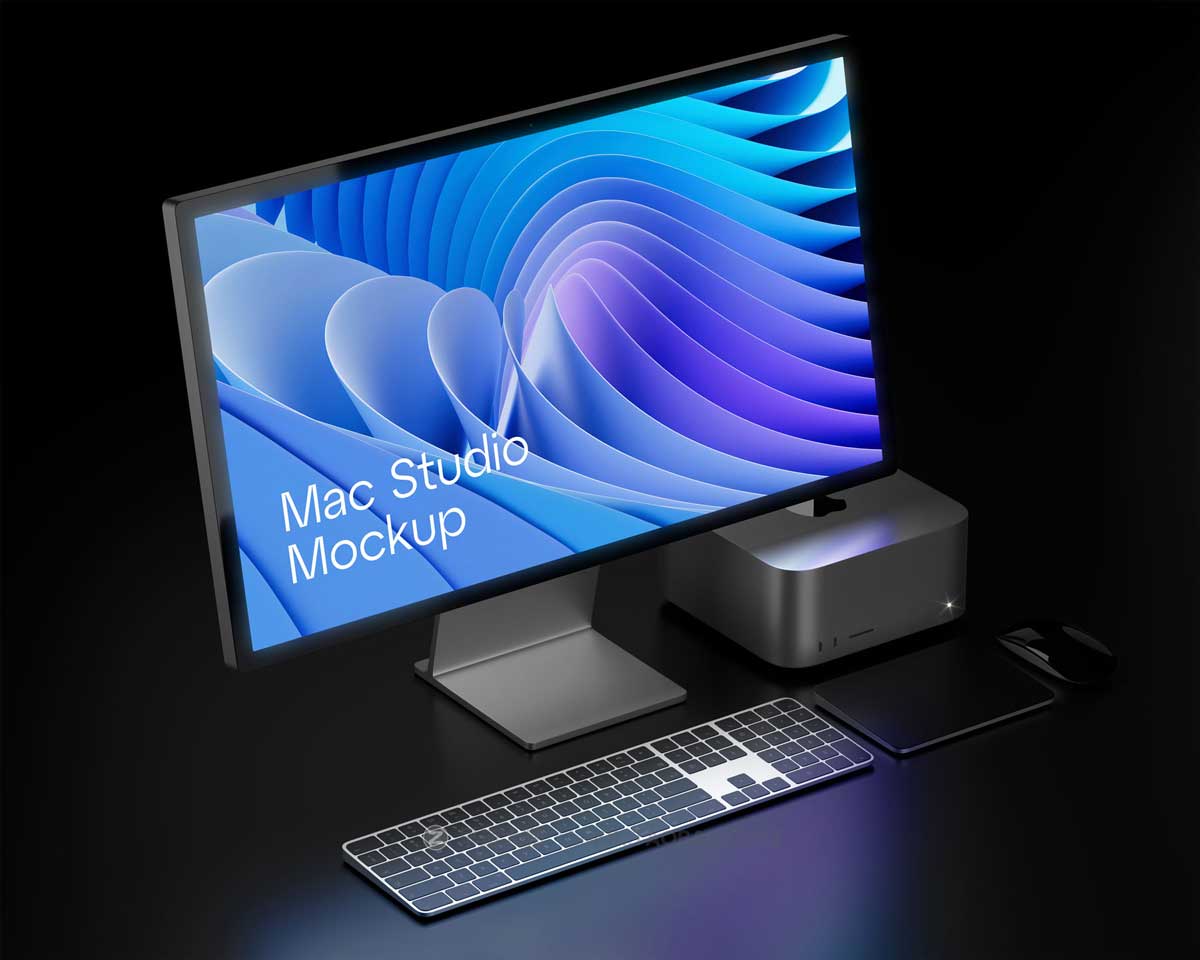 苹果Mac Studio Display电脑屏幕用户界面设计演示PSD样机模板 Mac Studio (Night Version) Mockup_img_2