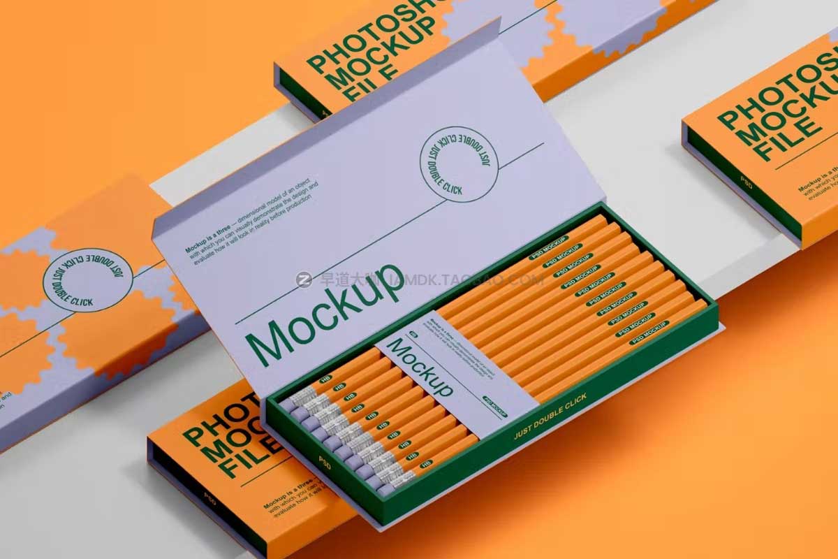 高级铅笔马克笔包装纸盒外观设计PS智能贴图样机模板 Pencil Packaging Mockup Set_img_2