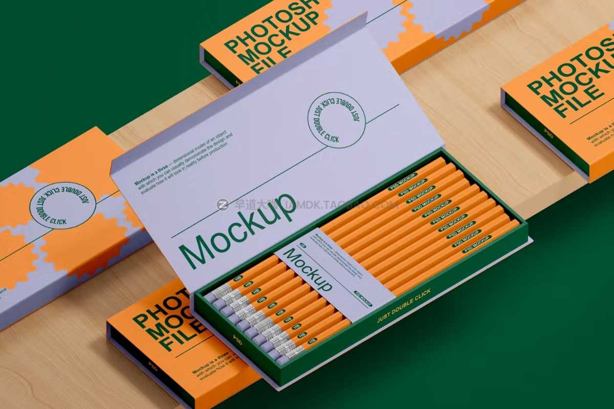 高级铅笔马克笔包装纸盒外观设计PS智能贴图样机模板 Pencil Packaging Mockup Set_img_2