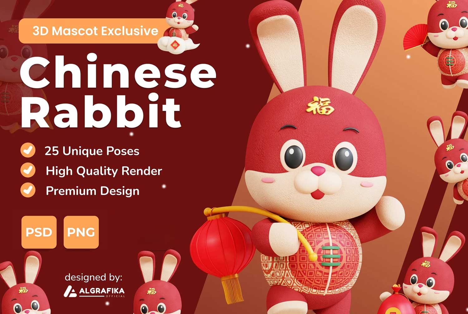 25个高级中国农历新年兔年3D卡通兔子图标Icons设计素材包 Chinese Rabbit 3D Character_img_2