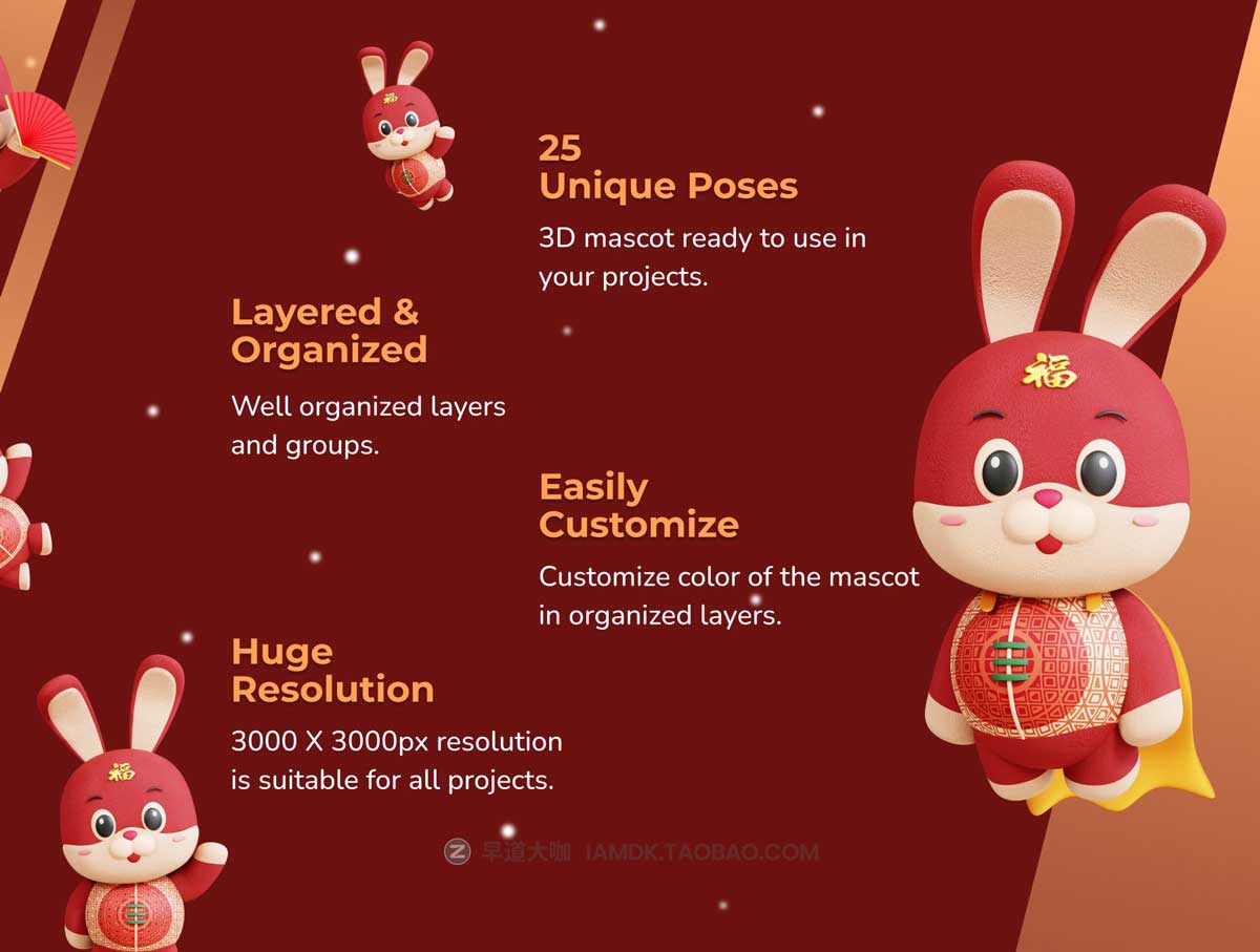 25个高级中国农历新年兔年3D卡通兔子图标Icons设计素材包 Chinese Rabbit 3D Character_img_2