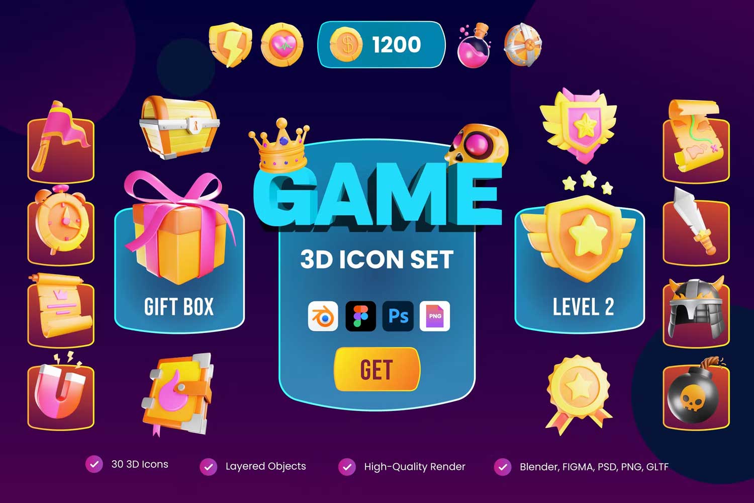 30个卡通趣味游戏药水盾牌宝石头盔3D图标Icons设计素材包 3D Game Icons_img_2