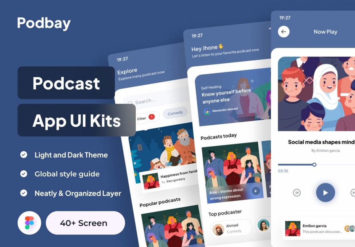 40多屏时尚新闻博客社交APP应用程序界面设计UI套件FIGMA模板 Podbay - Podcast App UI Kits_img_3