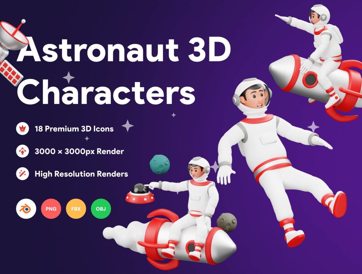 18款高级独特太空宇航员3D插画插图图标Icons设计素材包 Astronaut 3D Character Illustration_img_3