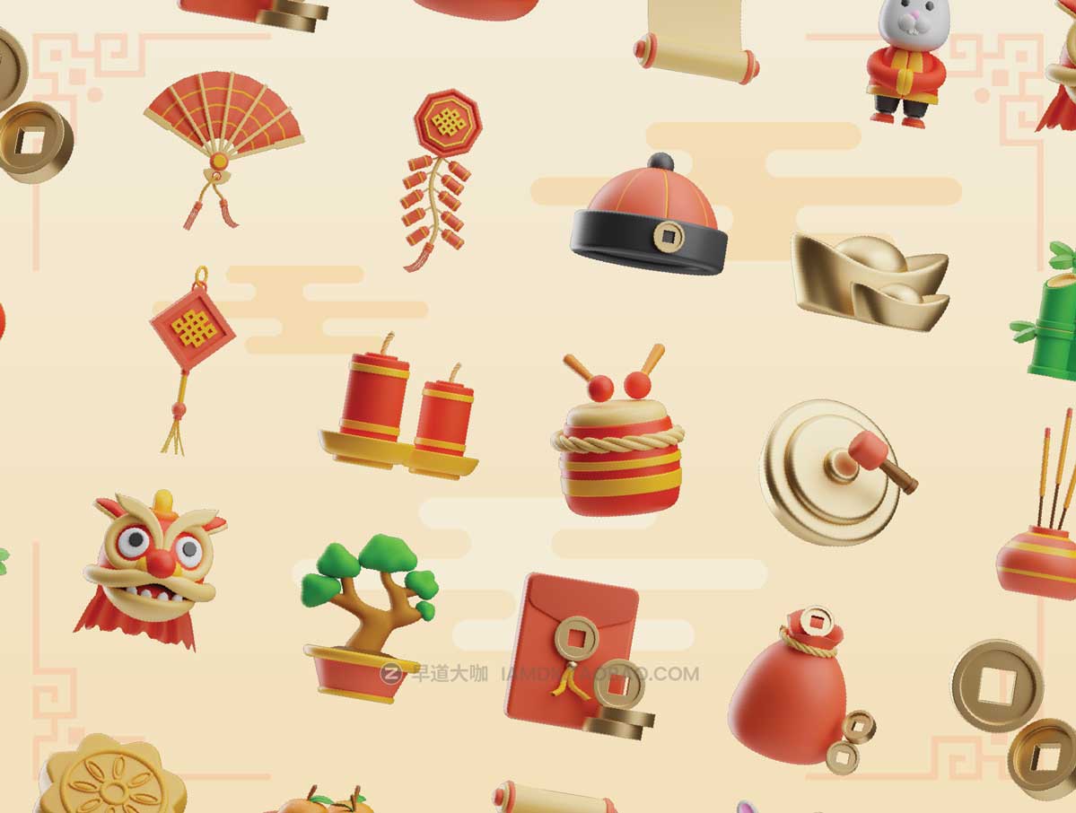 20个高级中国风农历新年春节兔年3D插图插画图标Icons设计素材 Chinese New Year 3D Icons_img_2