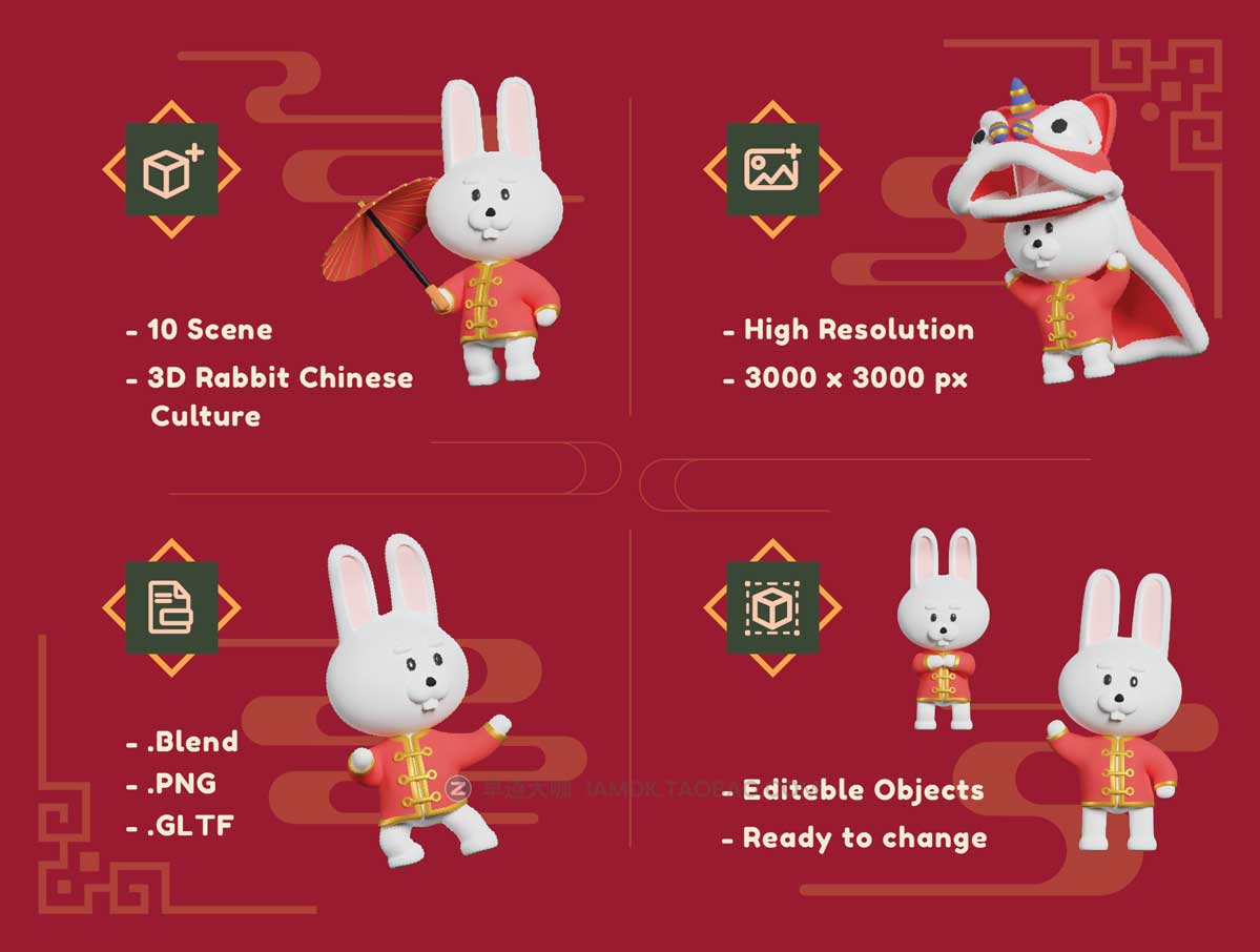 10款中国风农历新年兔年春节兔子3D图标Icons设计素材包 Rabbit Chinese Culture_img_2